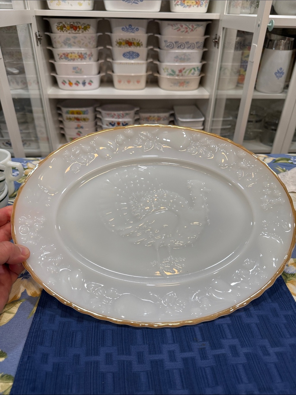 White Milk Glass Turkey Serving Platter with Gold Trim